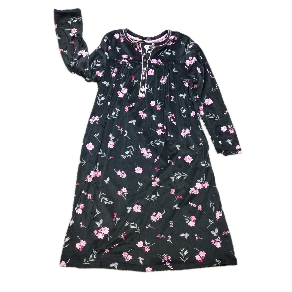 Aria Collection Soft Microfiber Nightgown Womens SZ Med Black Floral Grannycore
